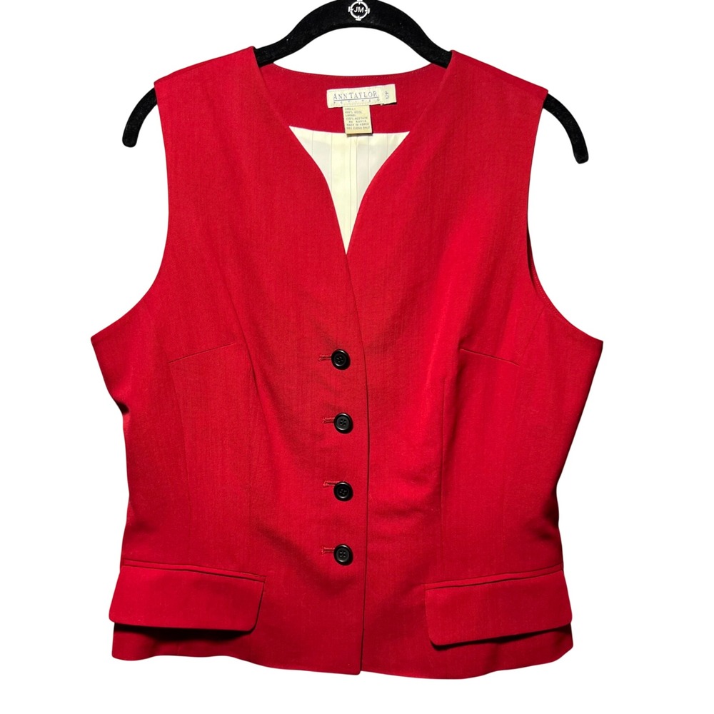 Ann Taylor Petites Red 100% Wool Button Front Tailored Vest Size 12P Vintage